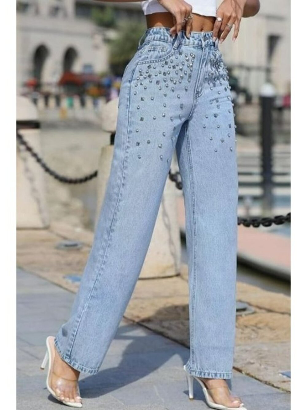 Studded Denim Jeans Rhinestone Details Size M High-Waisted Straight Leg